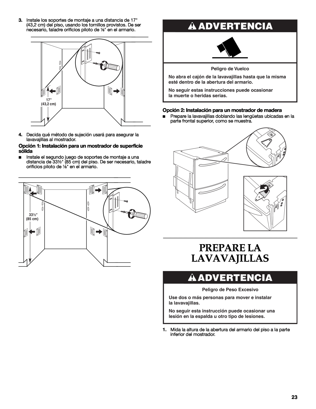KitchenAid W10216167A Prepare La Lavavajillas, Opción 1 Instalación para un mostrador de superficie sólida, Advertencia 