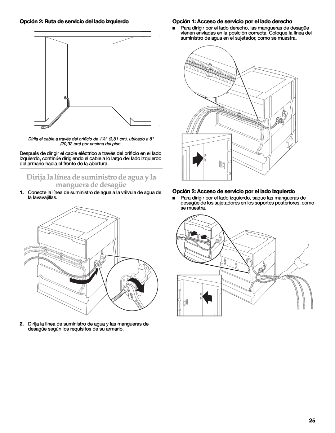 KitchenAid W10216167A installation instructions Dirija la línea de suministro de agua y la manguera de desagüe 