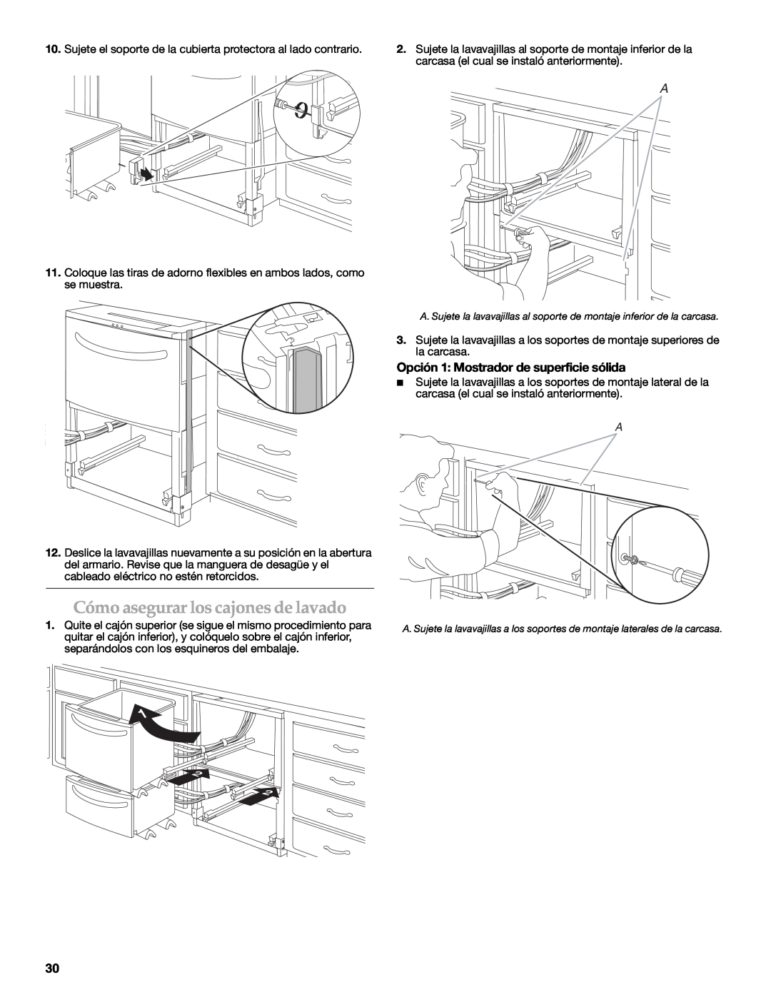 KitchenAid W10216167A Cómo asegurar los cajones de lavado, Opción 1 Mostrador de superficie sólida 