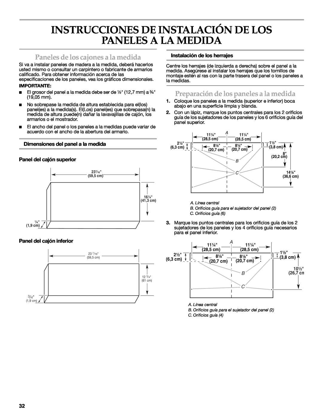 KitchenAid W10216167A Instrucciones De Instalación De Los Paneles A La Medida, Paneles de los cajones a la medida, 28,5 cm 