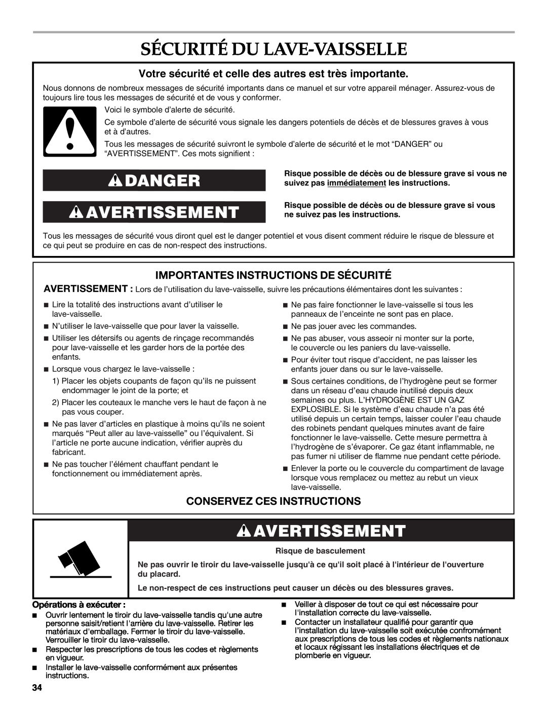 KitchenAid W10216167A Sécurité Du Lave-Vaisselle, Danger Avertissement, Importantes Instructions De Sécurité 