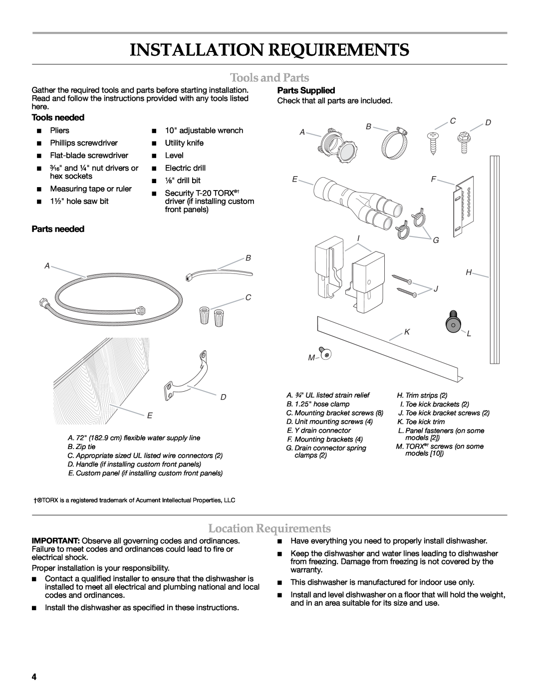 KitchenAid W10216167A Installation Requirements, Tools and Parts, Location Requirements, Tools needed, Parts needed, Bc D 