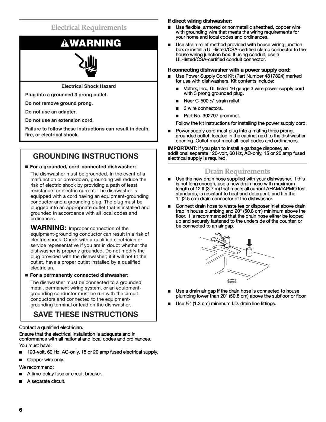 KitchenAid W10216167A Electrical Requirements, Grounding Instructions, Save These Instructions, Drain Requirements 