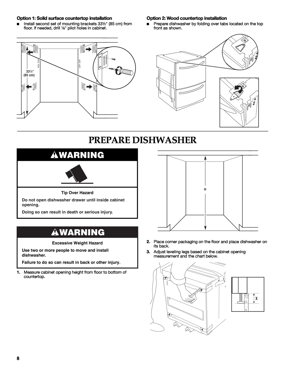 KitchenAid W10216167A Prepare Dishwasher, Option 1 Solid surface countertop installation, Tip Over Hazard 
