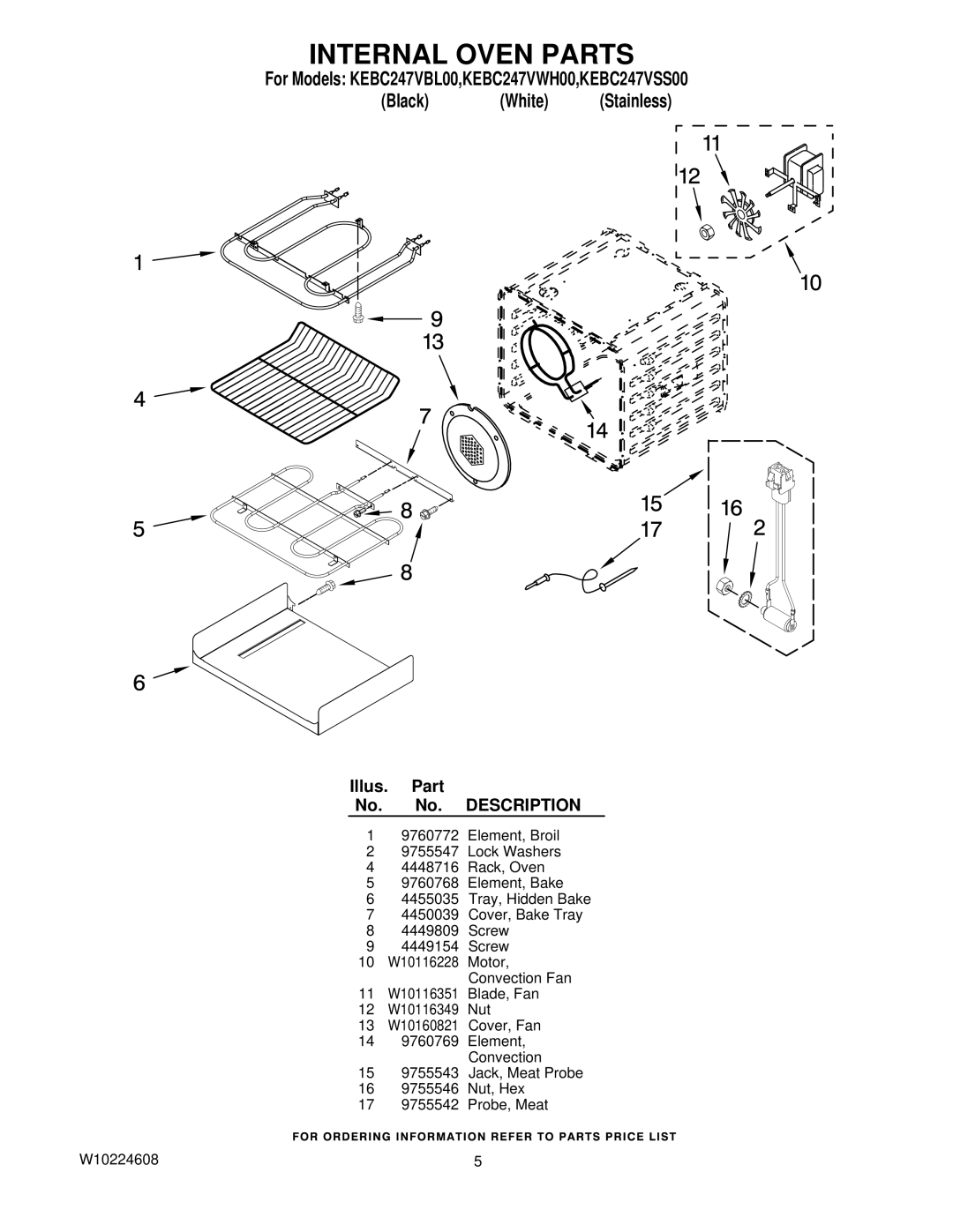 KitchenAid KEBC247VWH00, W10224608, KEBC247VSS00, KEBC247VBL00 manual Internal Oven Parts 