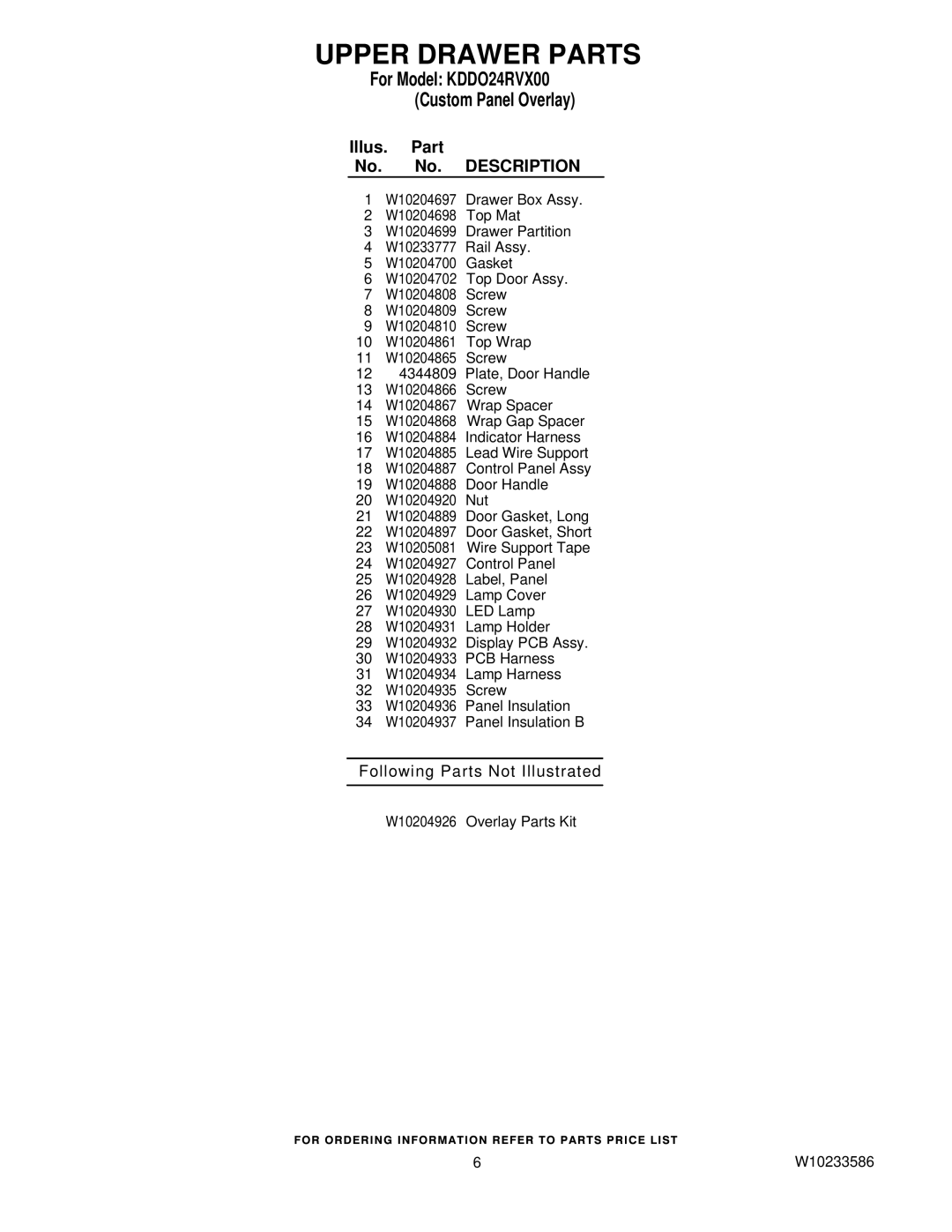 KitchenAid W10233586, KDDO24RVX00 manual Following Parts Not Illustrated 