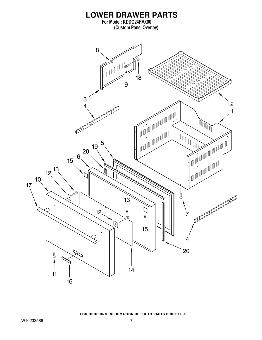 KitchenAid KDDO24RVX00, W10233586 manual Lower Drawer Parts 