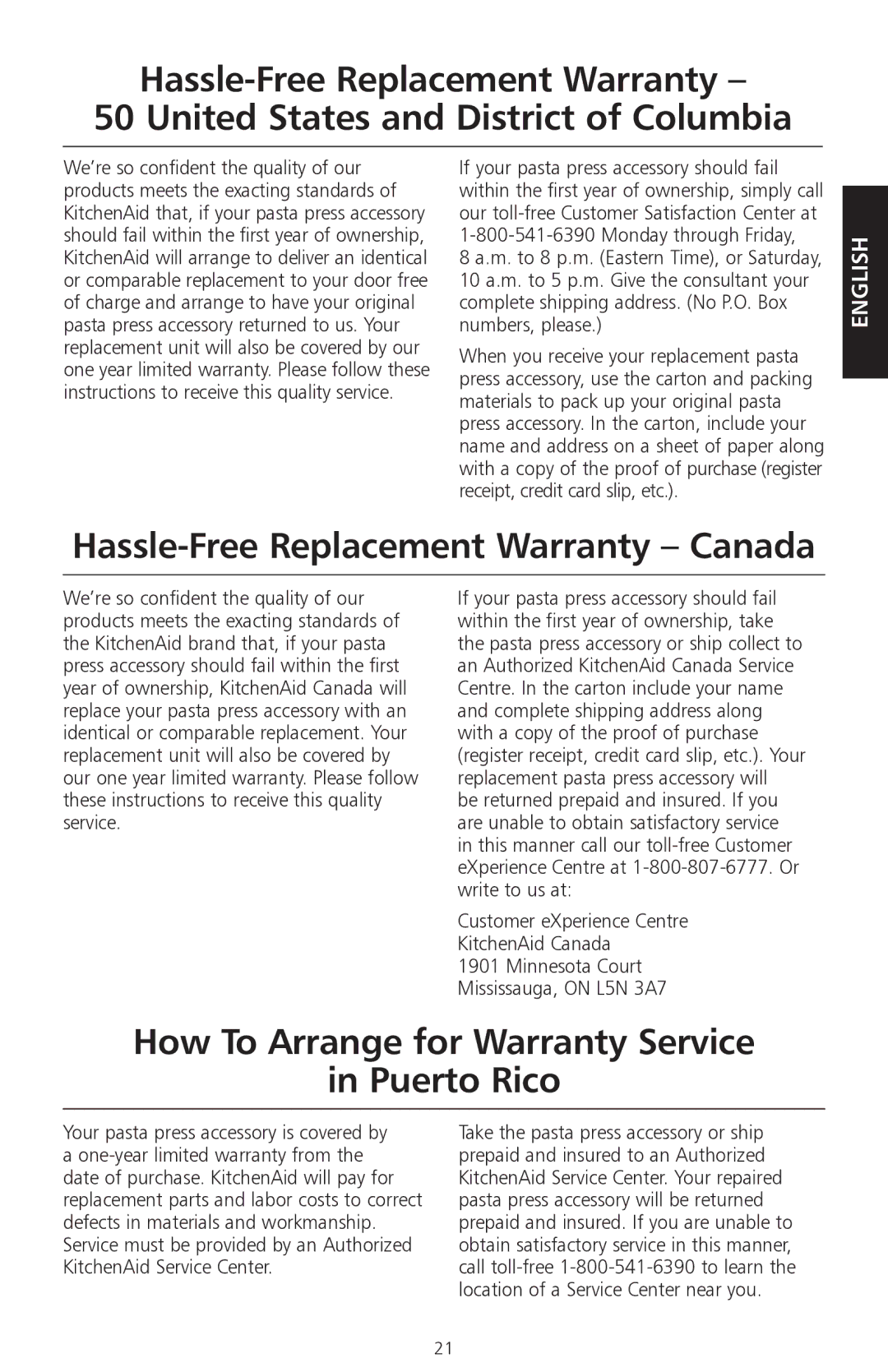 KitchenAid W10236413B manual Hassle-Free Replacement Warranty Canada, How To Arrange for Warranty Service Puerto Rico 