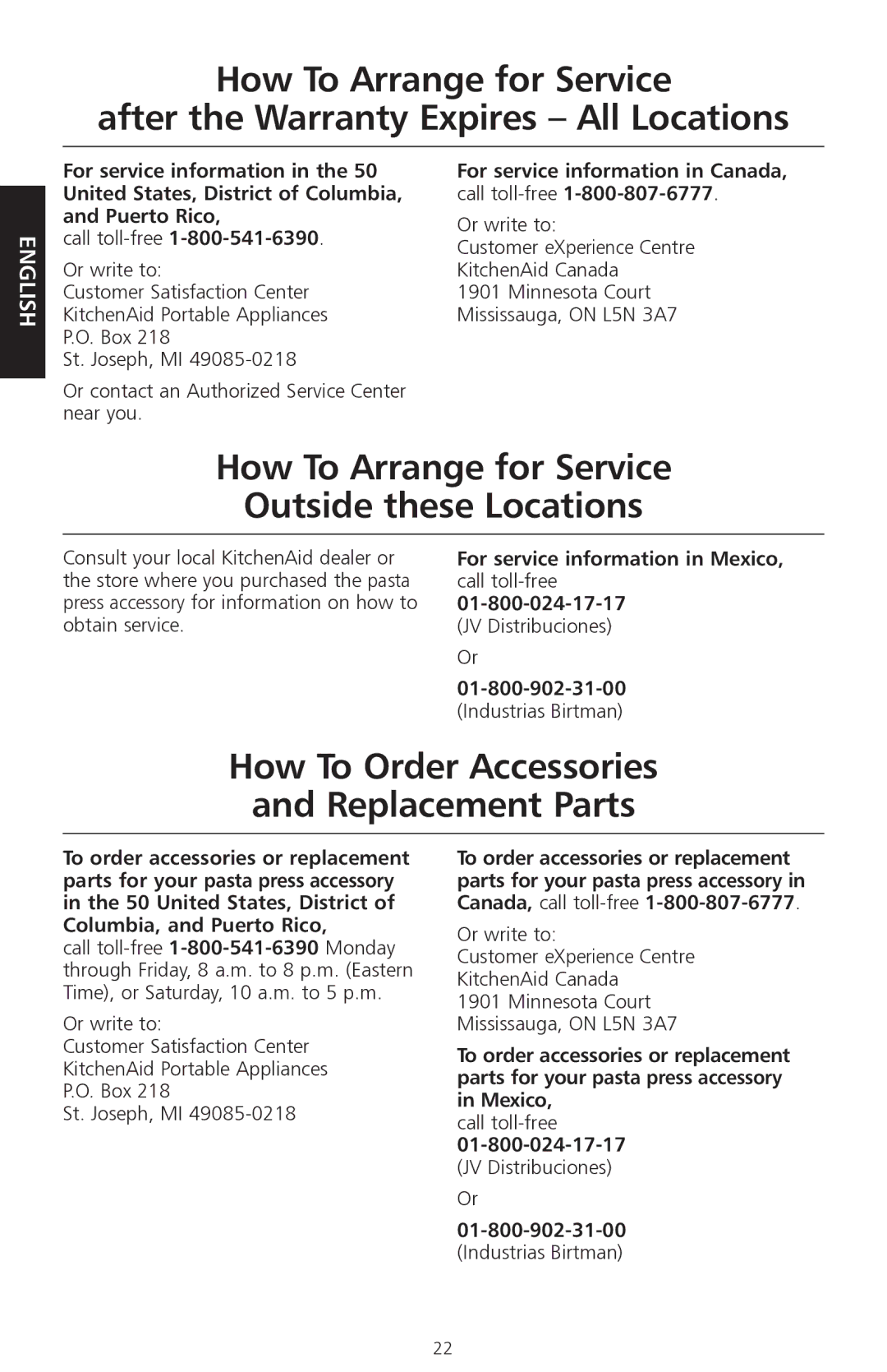 KitchenAid W10236413B manual How To Arrange for Service Outside these Locations, How To Order Accessories Replacement Parts 