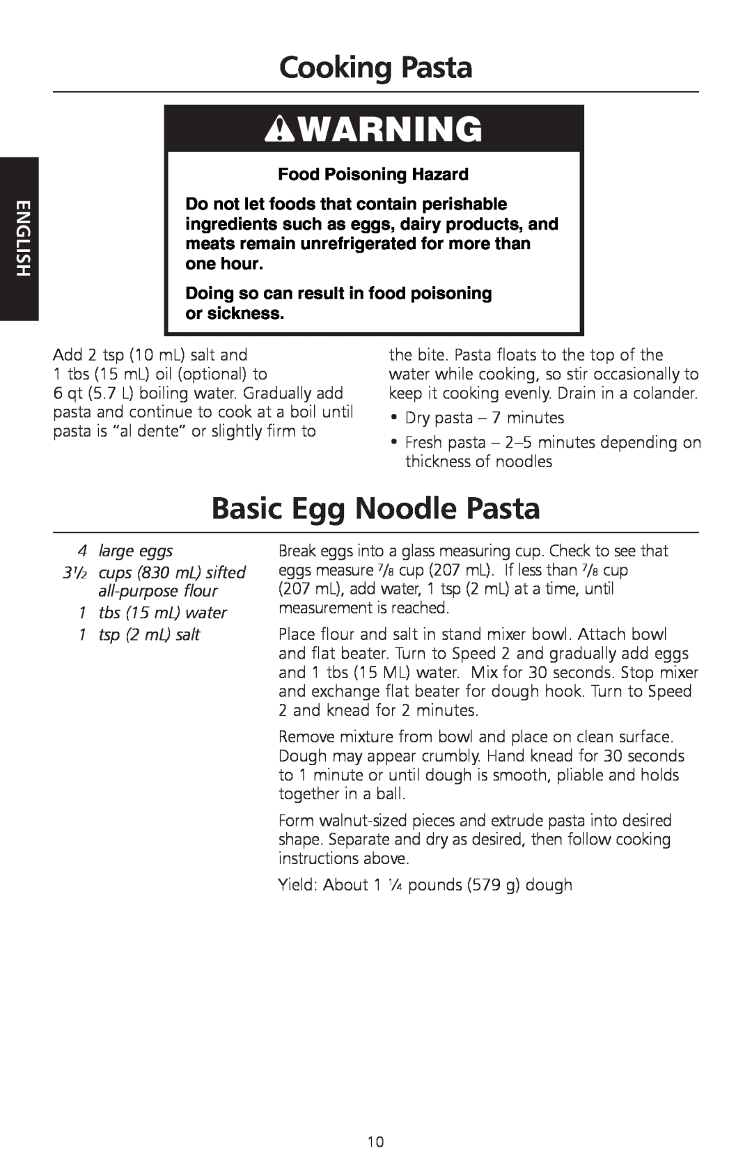 KitchenAid W10236413B manual Cooking Pasta, Basic Egg Noodle Pasta, large eggs, tbs 15 mL water 1 tsp 2 mL salt, English 