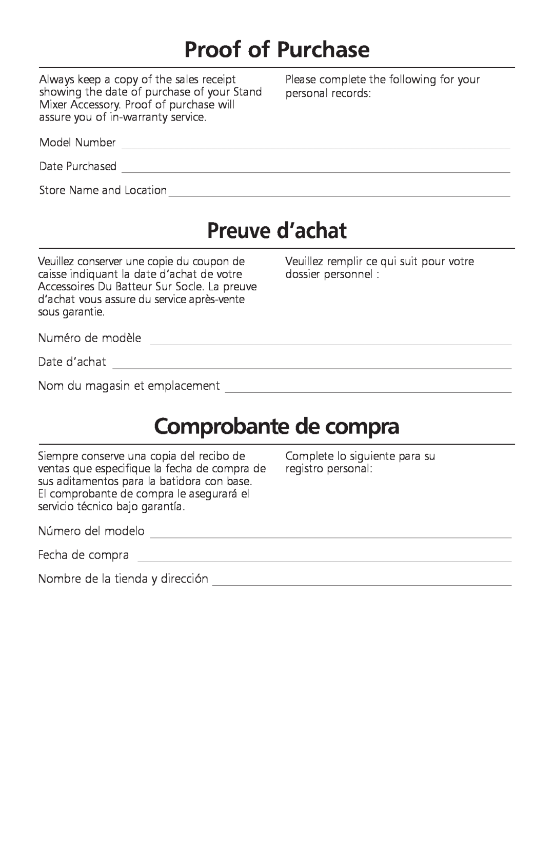KitchenAid W10236413B manual Proof of Purchase, Preuve d’achat, Comprobante de compra 