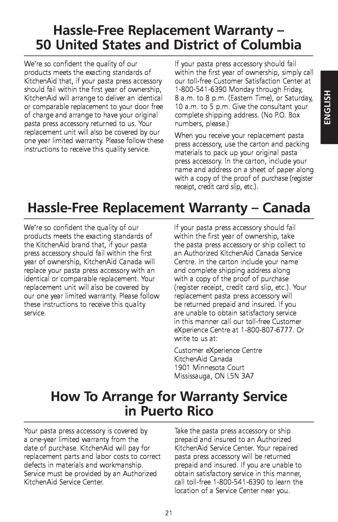 KitchenAid W10236413B manual Hassle-Free Replacement Warranty, United States and District of Columbia, English 
