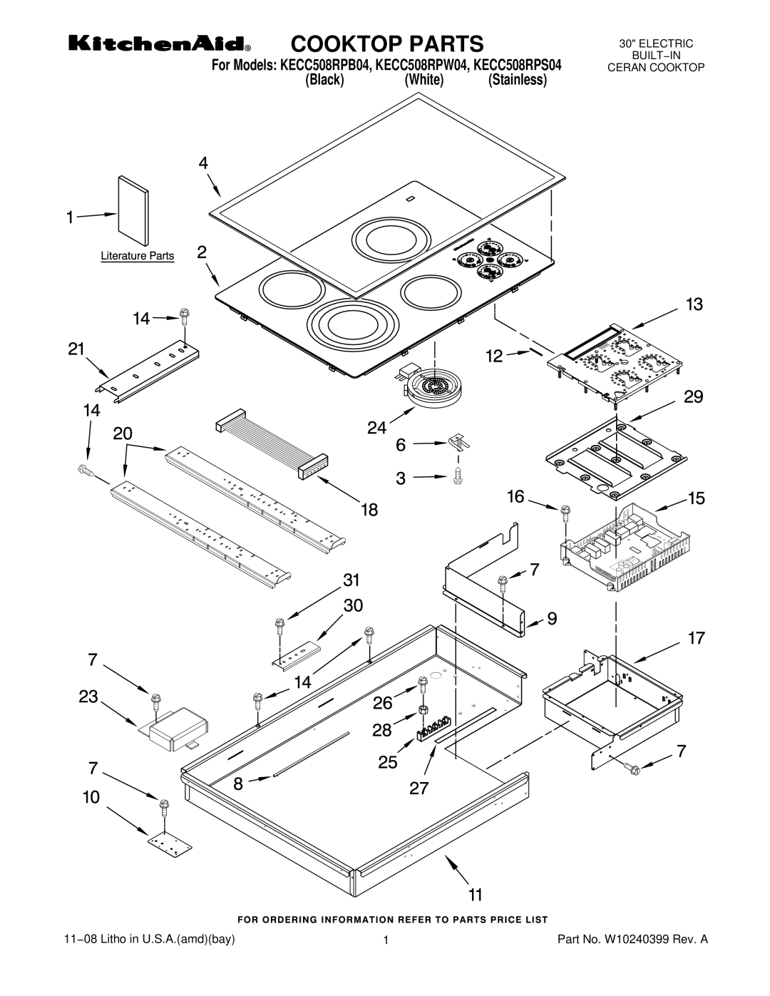 KitchenAid KECC508RPW04, W10240399, KECC508RPB04, KECC508RPS04 manual Cooktop Parts 