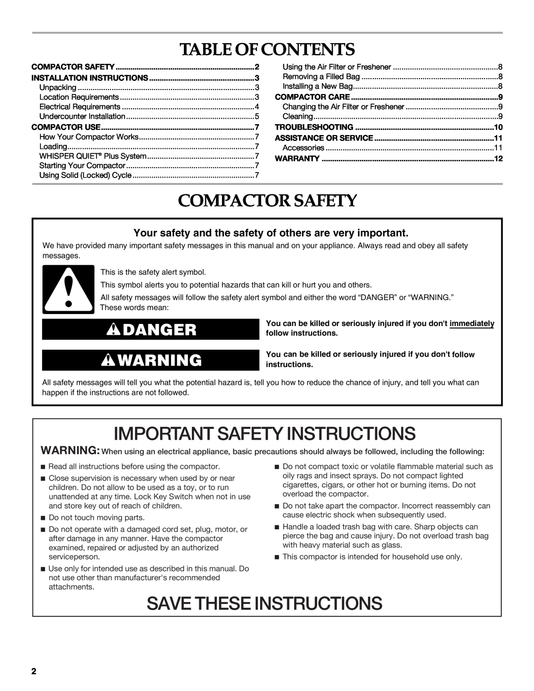 KitchenAid W10242569A manual Table Of Contents, Compactor Safety, Installation Instructions, Compactor Use, Compactor Care 