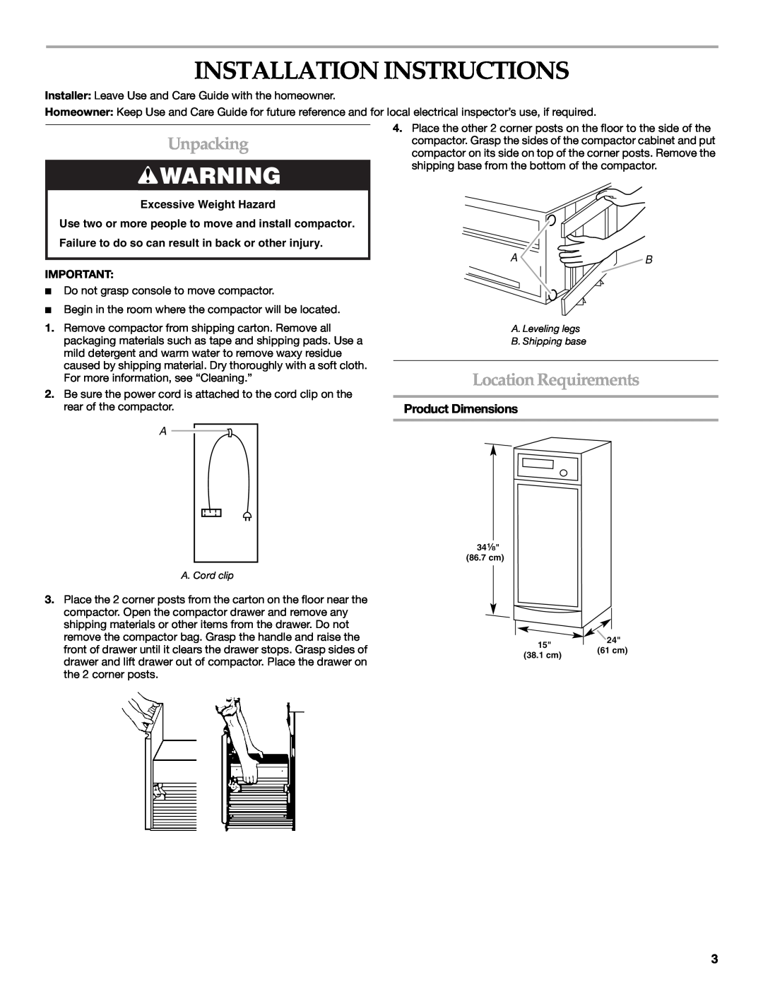 KitchenAid KUCS03FTSS, W10242569A manual Installation Instructions, Unpacking, Location Requirements, Product Dimensions 