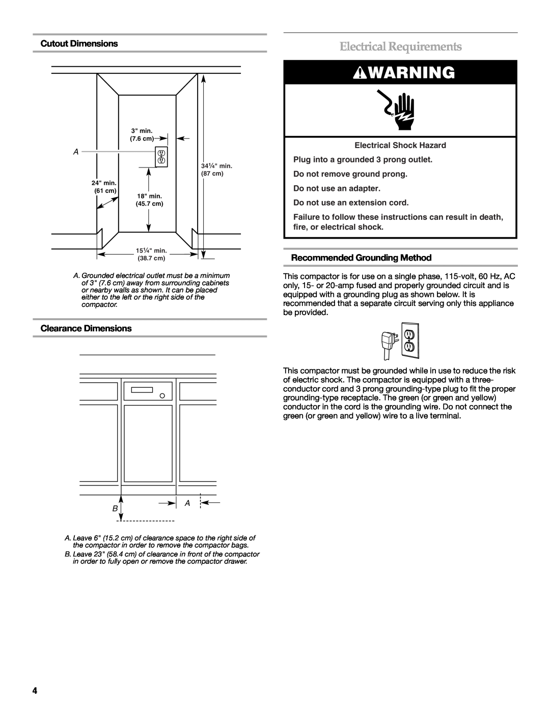 KitchenAid W10242569A manual Electrical Requirements, Cutout Dimensions, Clearance Dimensions, Recommended Grounding Method 