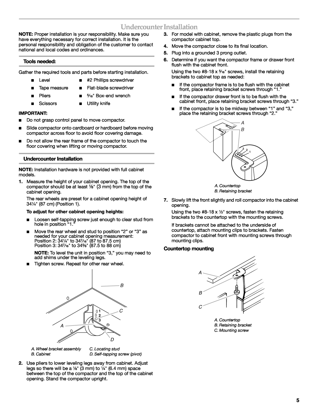 KitchenAid KUCS03FTSS, W10242569A manual Undercounter Installation, Tools needed, Countertop mounting 