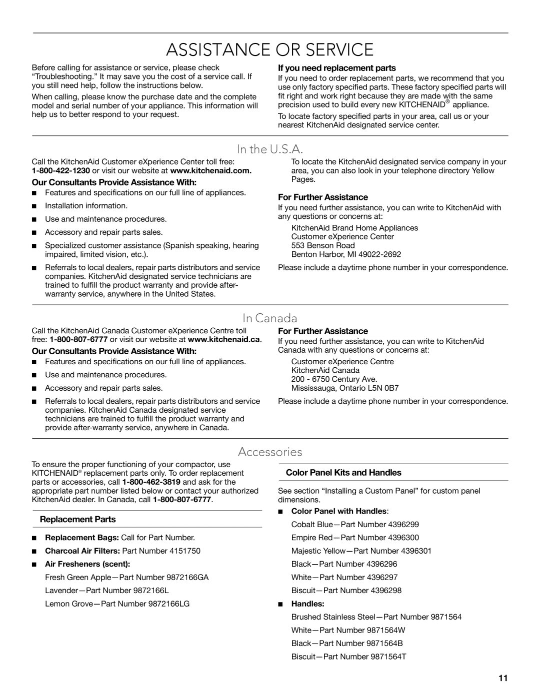 KitchenAid W10242569B manual Assistance or Service, U.S.A, Canada, Accessories 