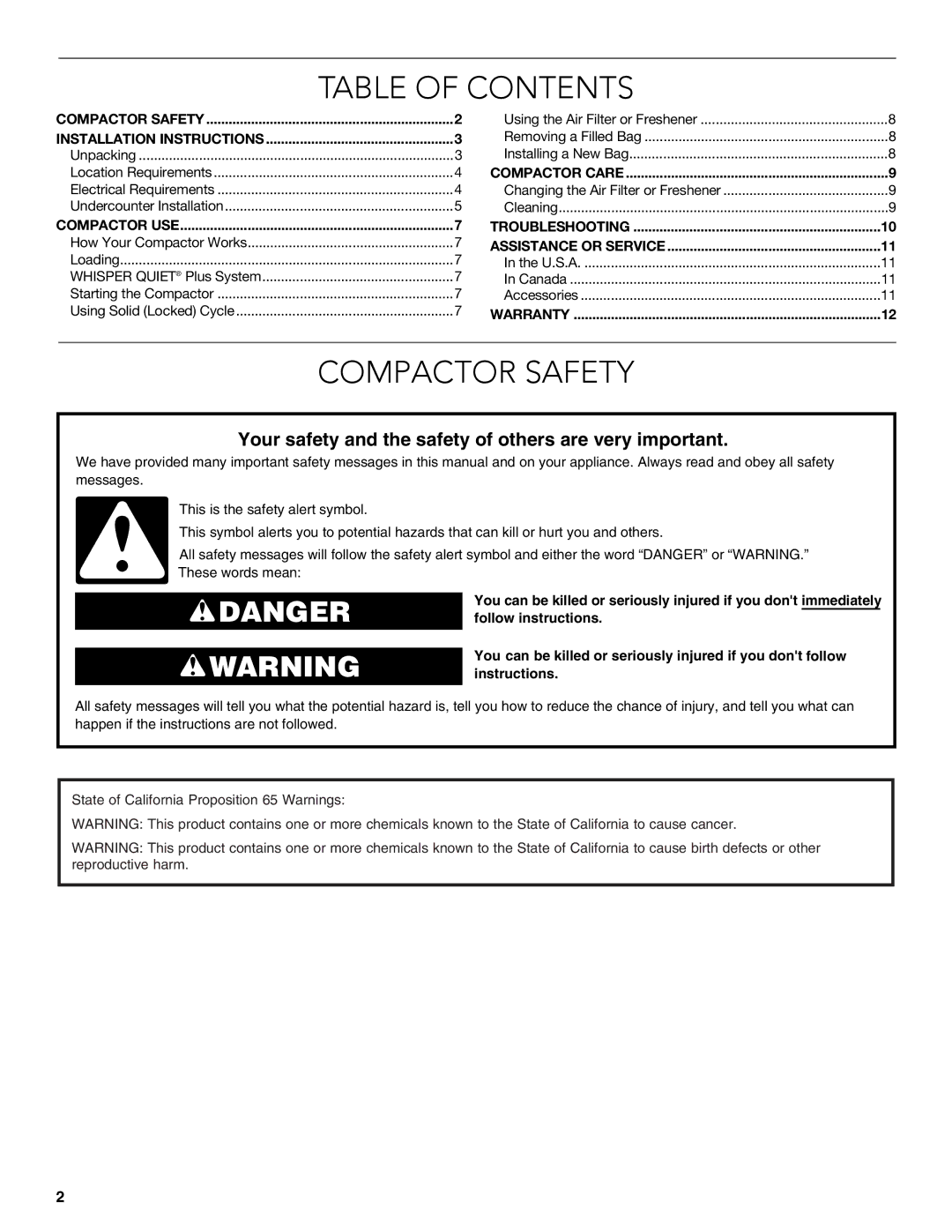 KitchenAid W10242569B manual Table of Contents, Compactor Safety 