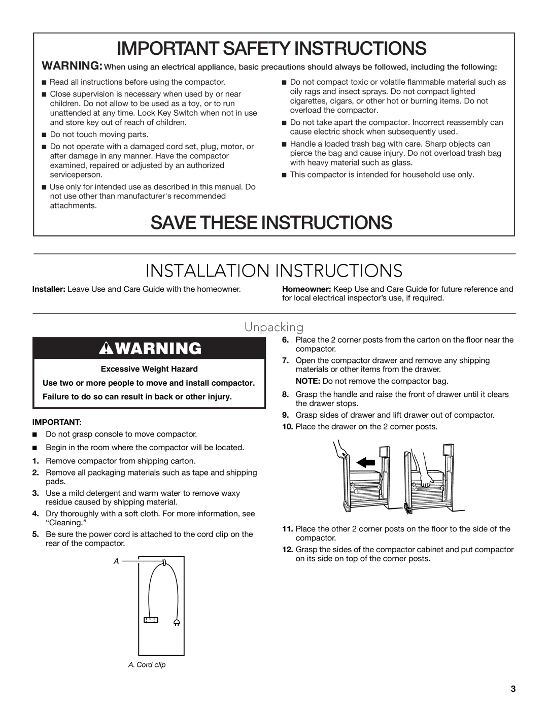 KitchenAid W10242569B manual Installation Instructions, Unpacking 