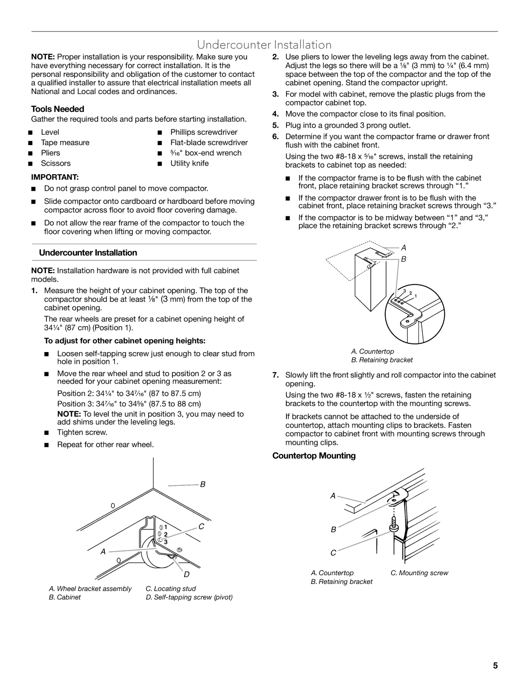 KitchenAid W10242569B manual Undercounter Installation, Tools Needed, Countertop Mounting 