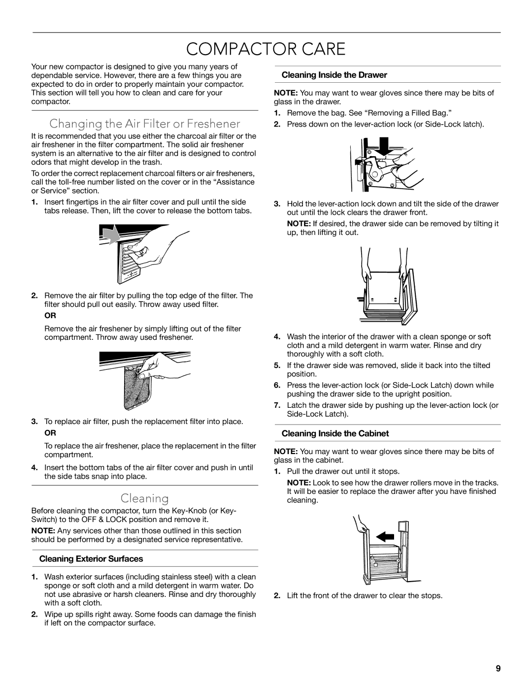 KitchenAid W10242569B manual Compactor Care, Changing the Air Filter or Freshener, Cleaning 