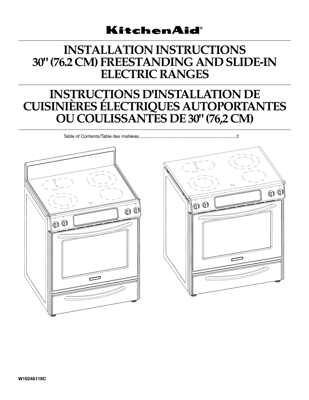 KitchenAid W10246119C installation instructions Table of Contents/Table des matières 