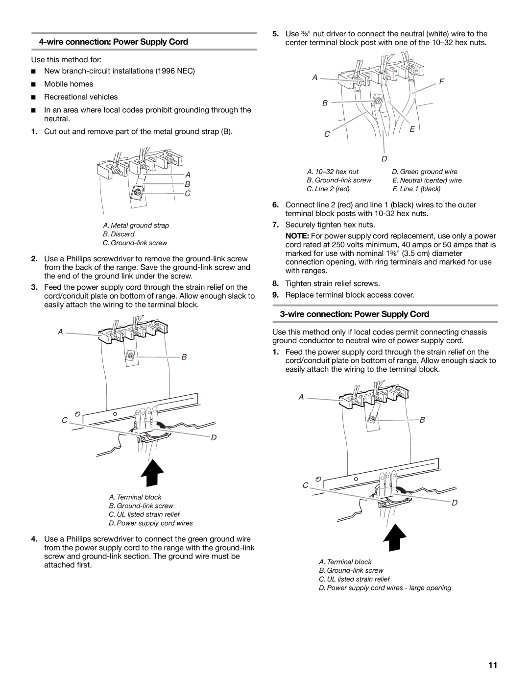 KitchenAid W10246119C Wire connection Power Supply Cord, Metal ground strap Discard Ground-link screw 