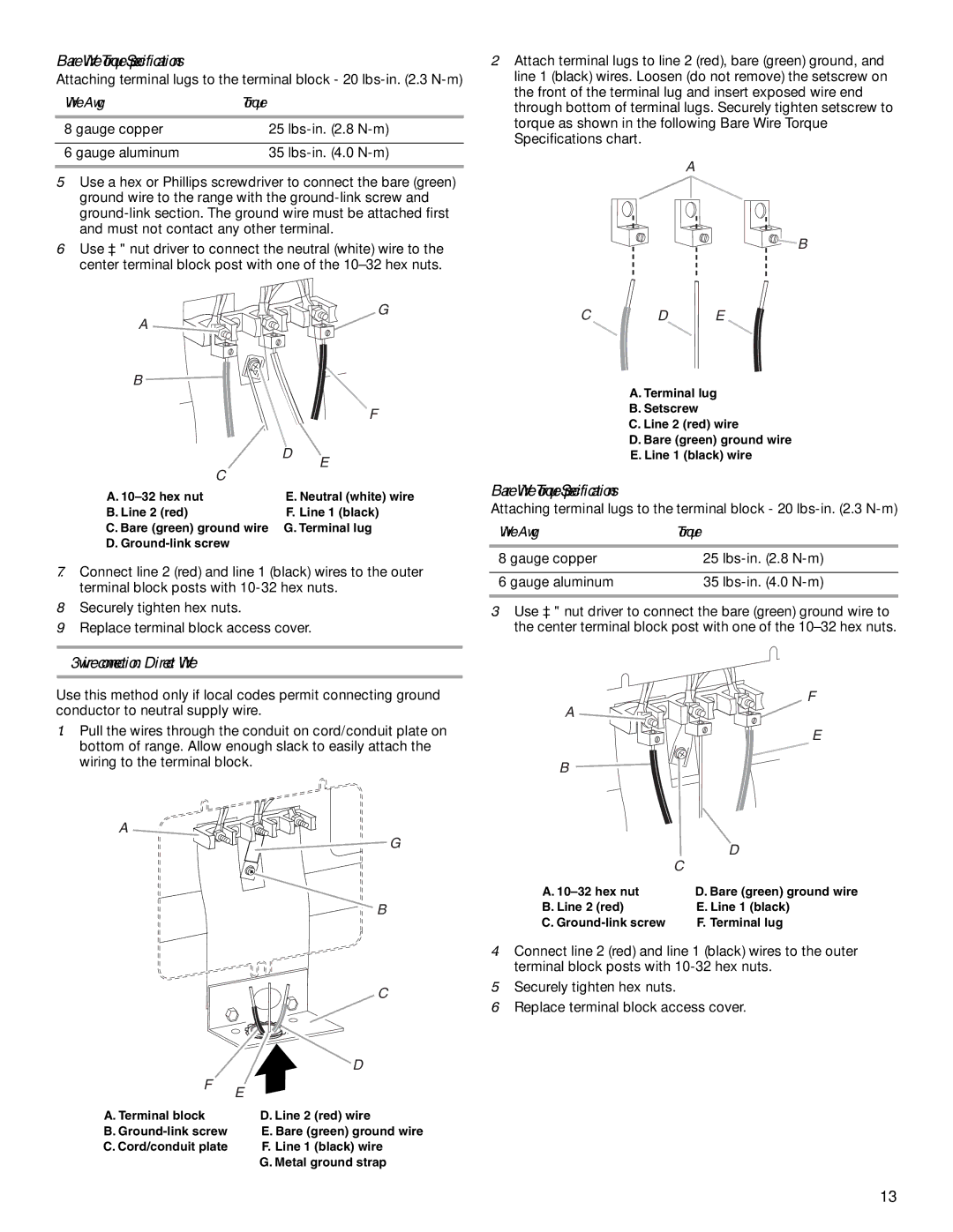 KitchenAid W10246119C installation instructions Bare Wire Torque Specifications, Wire Awg Torque 