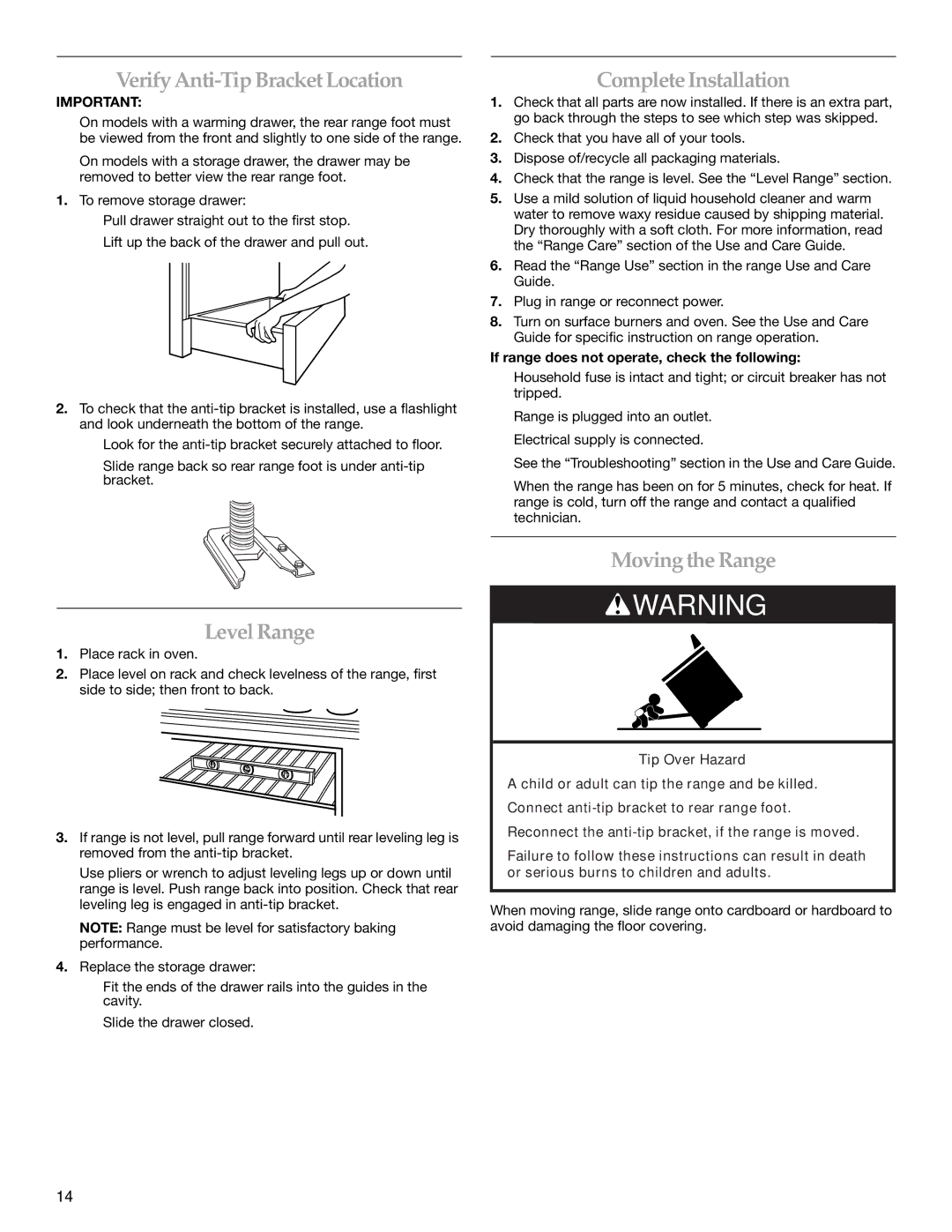 KitchenAid W10246119C Verify Anti-Tip BracketLocation, Complete Installation, Level Range, Movingthe Range 