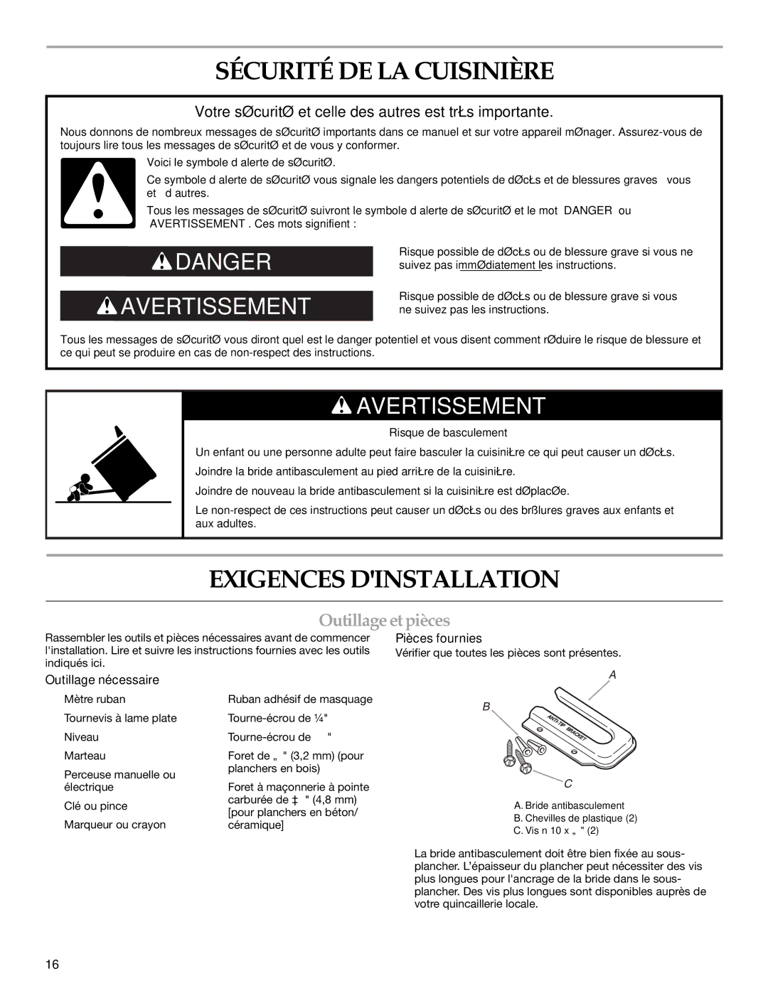 KitchenAid W10246119C Sécurité DE LA Cuisinière, Exigences Dinstallation, Outillage et pièces, Outillage nécessaire 