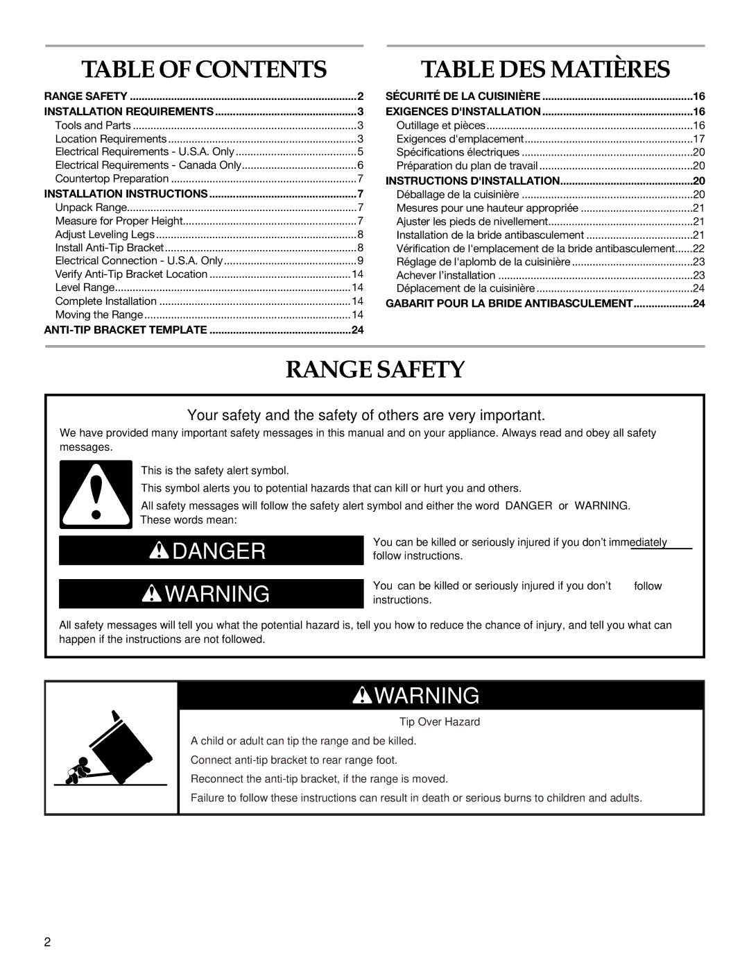 KitchenAid W10246119C installation instructions Table DES Matières, Range Safety 