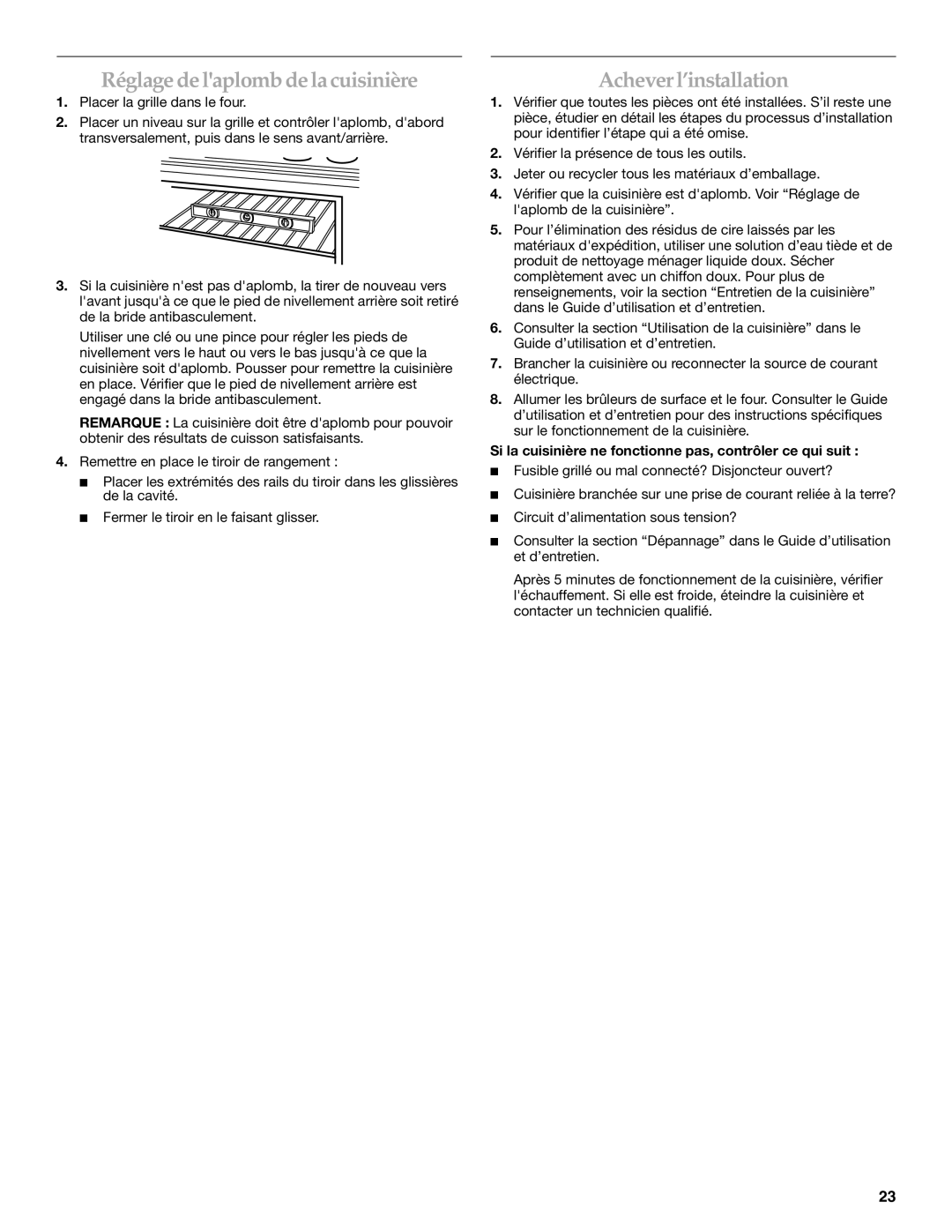 KitchenAid W10246119C installation instructions Réglage delaplomb de lacuisinière, Acheverl’installation 