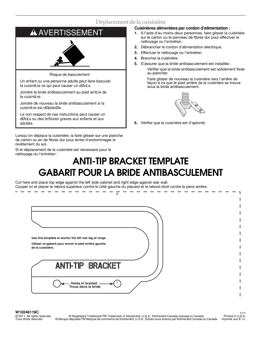 KitchenAid W10246119C installation instructions Déplacement delacuisinière, Cuisinières alimentées par cordon dalimentation 