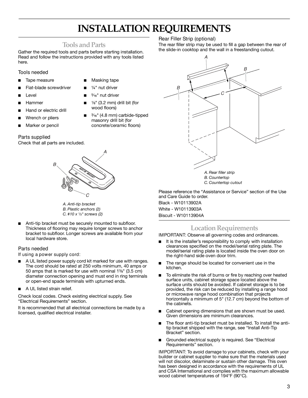 KitchenAid W10246119C installation instructions Installation Requirements, ToolsandParts, Location Requirements 