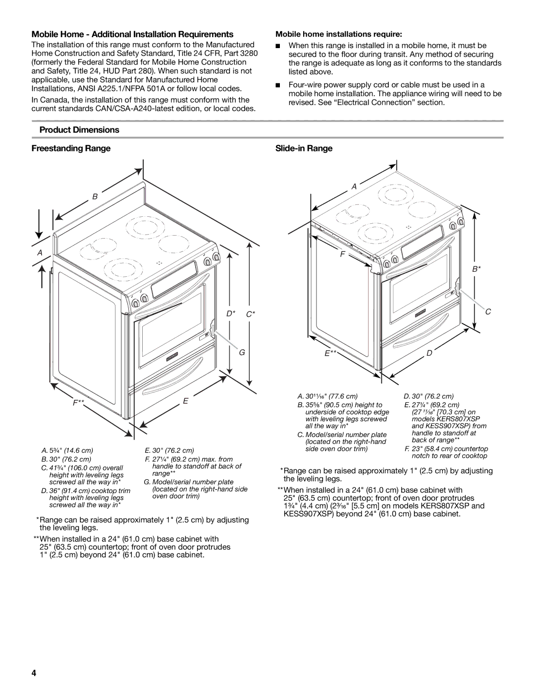 KitchenAid W10246119C Mobile Home Additional Installation Requirements, Product Dimensions Freestanding Range 