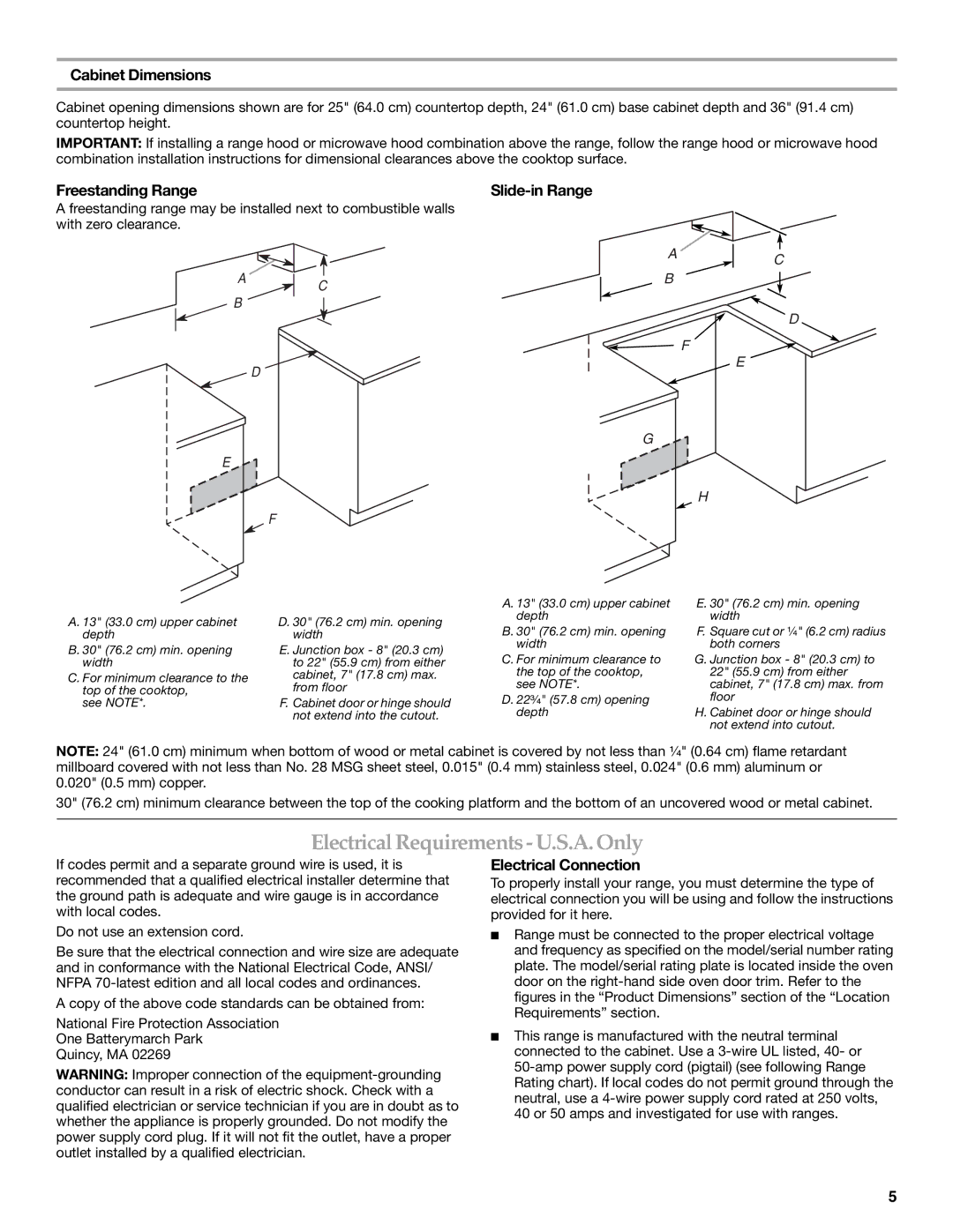 KitchenAid W10246119C Electrical Requirements U.S.A.Only, Cabinet Dimensions, Electrical Connection 