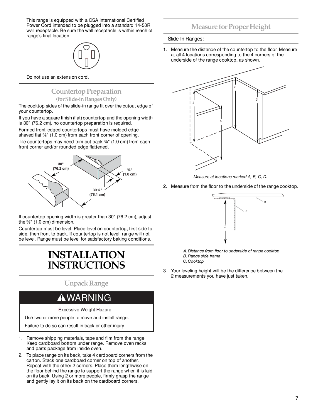 KitchenAid W10246119C Installation Instructions, CountertopPreparation Measurefor Proper Height, Unpack Range 