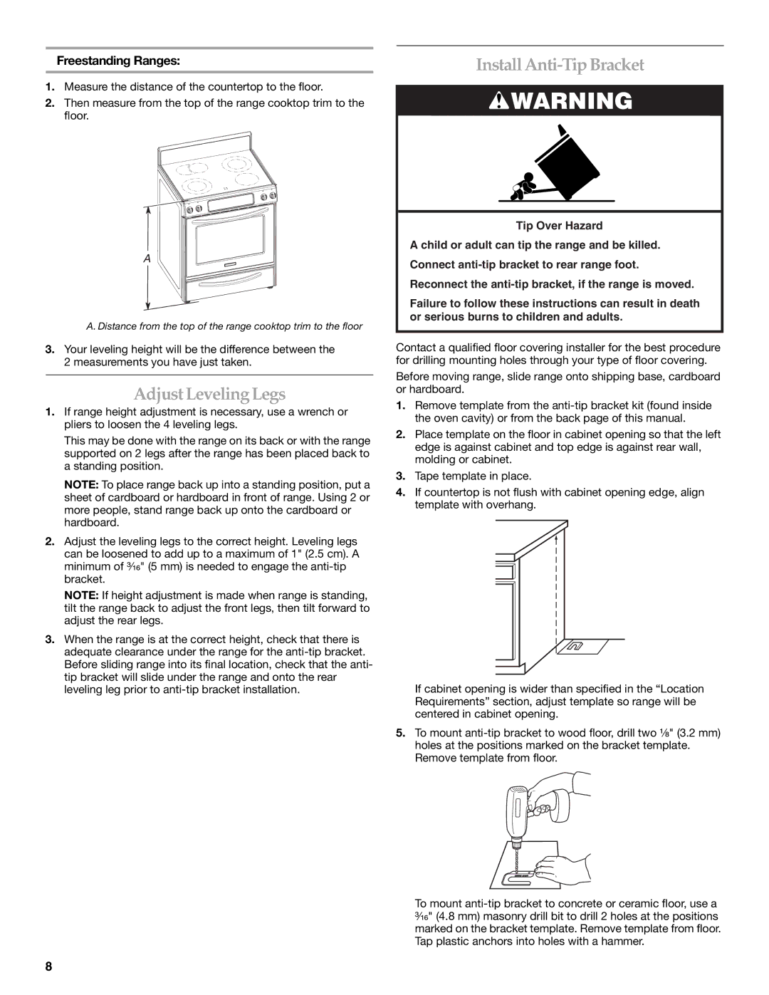 KitchenAid W10246119C installation instructions Adjust LevelingLegs, Install Anti-TipBracket, Freestanding Ranges 