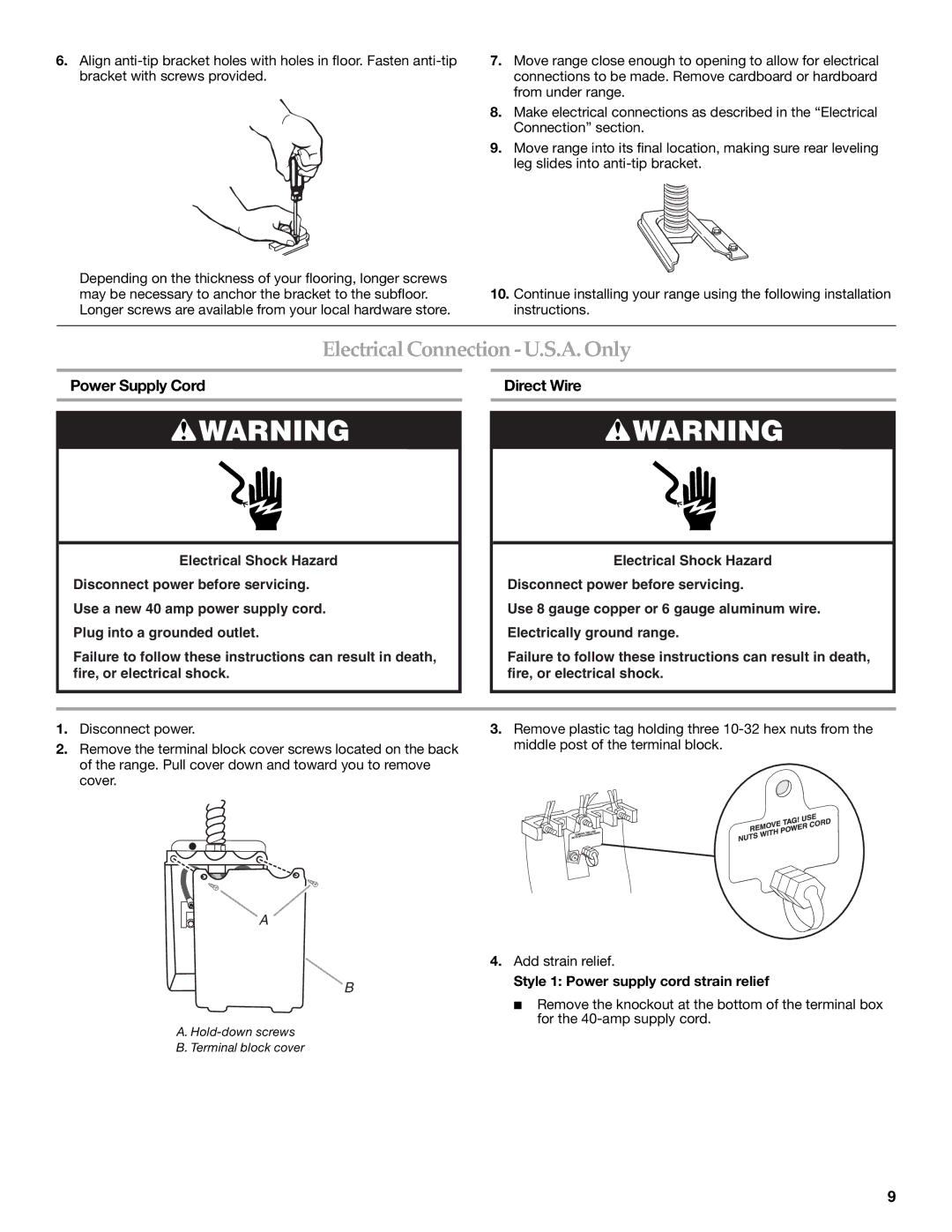 KitchenAid W10246119C installation instructions Electrical Connection -U.S.A.Only, Power Supply Cord, Direct Wire 