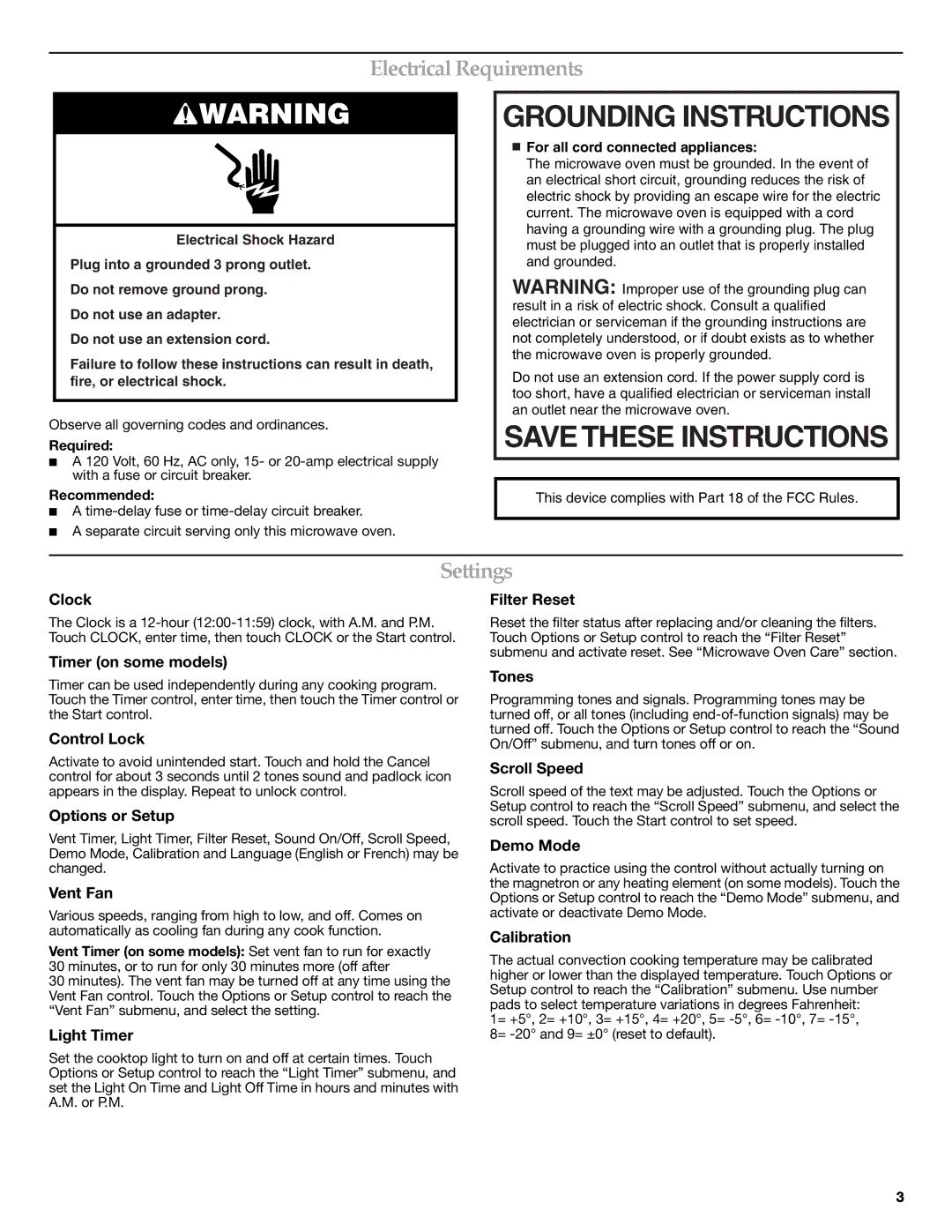 KitchenAid W10249656A, W10249655A, KHMC1857BSS Grounding Instructions, Electrical Requirements, Settings 