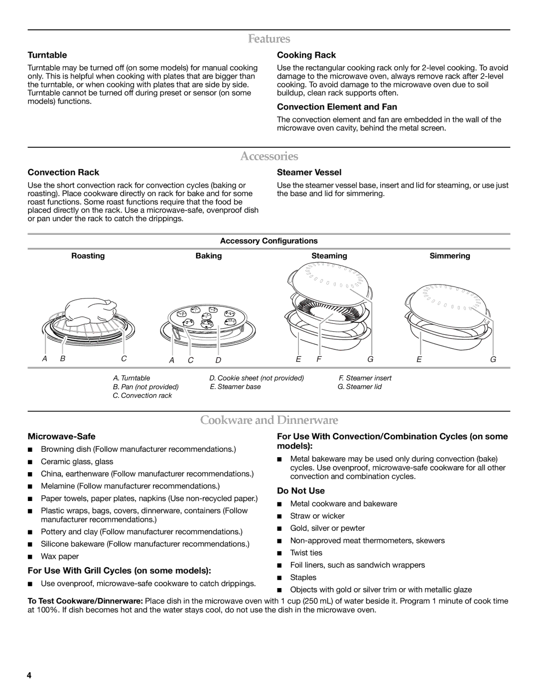 KitchenAid W10249655A, W10249656A, KHMC1857BSS important safety instructions Features, Accessories, Cookware and Dinnerware 