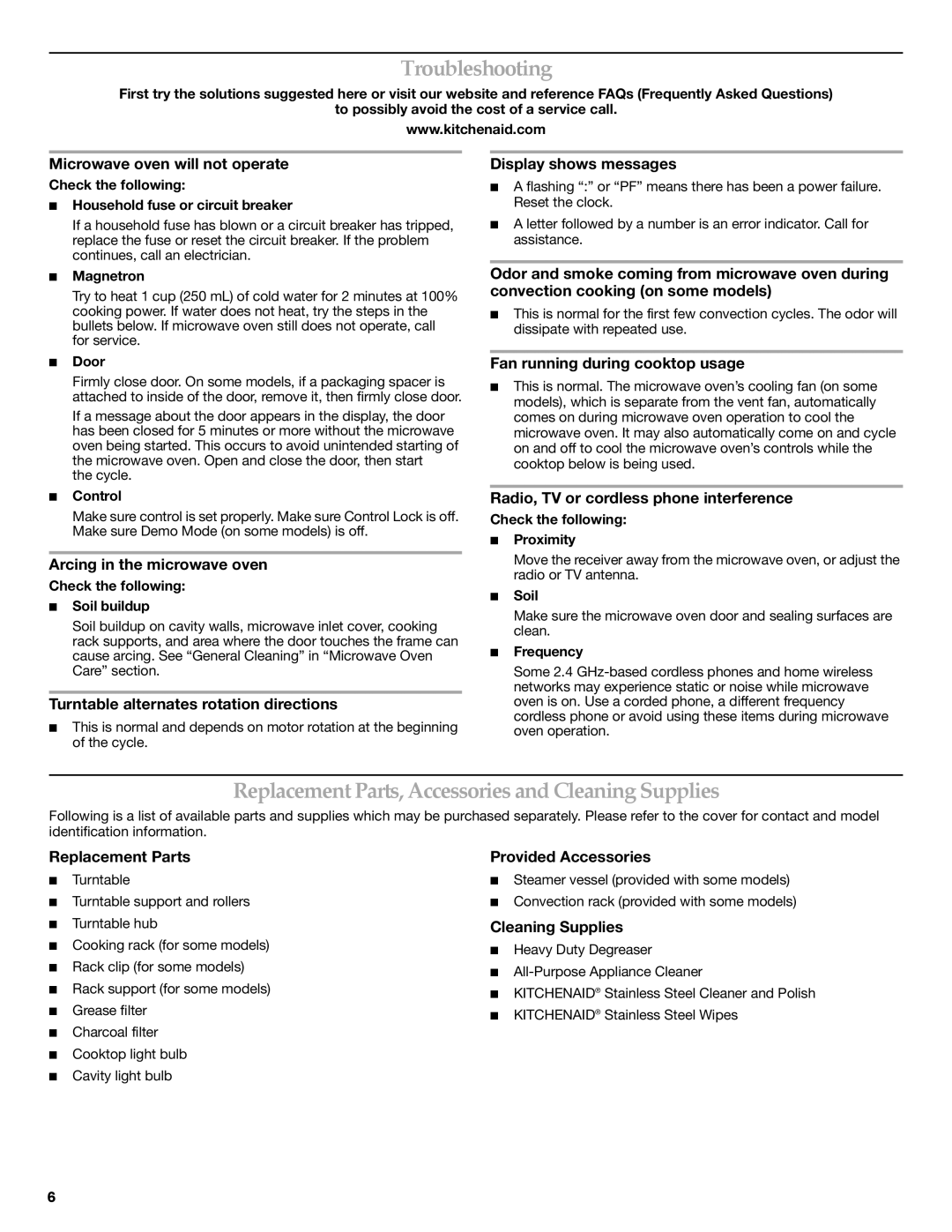 KitchenAid W10249656A, W10249655A, KHMC1857BSS Troubleshooting, Replacement Parts, Accessories and Cleaning Supplies 