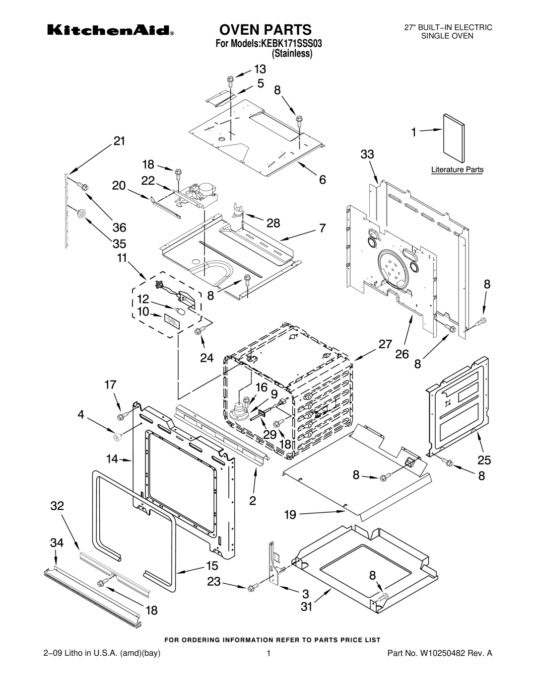 KitchenAid KEBK171SSS03, W10250482 manual Oven Parts 