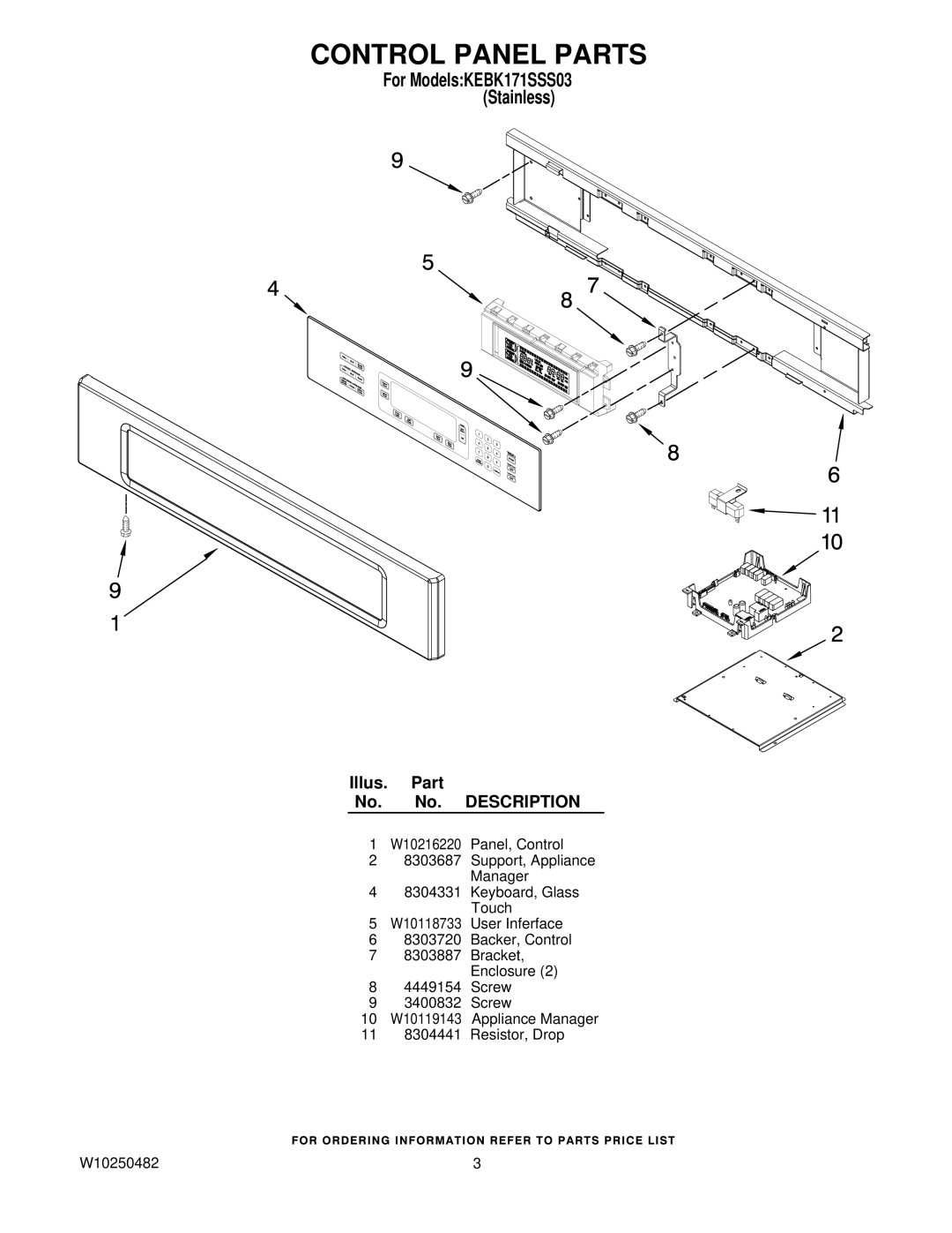 KitchenAid KEBK171SSS03, W10250482 manual Control Panel Parts 