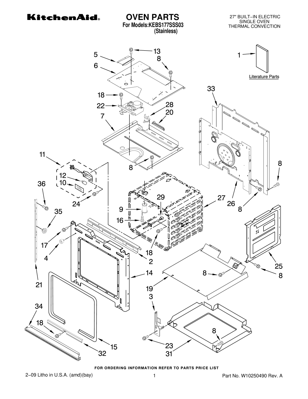 KitchenAid KEBS177SSS03, W10250490 manual Oven Parts 