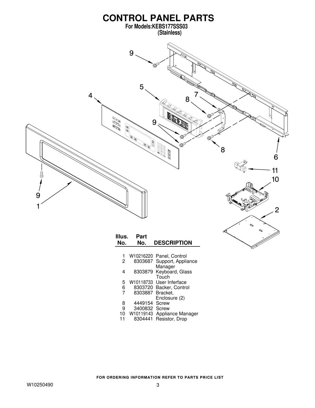 KitchenAid KEBS177SSS03, W10250490 manual Control Panel Parts 