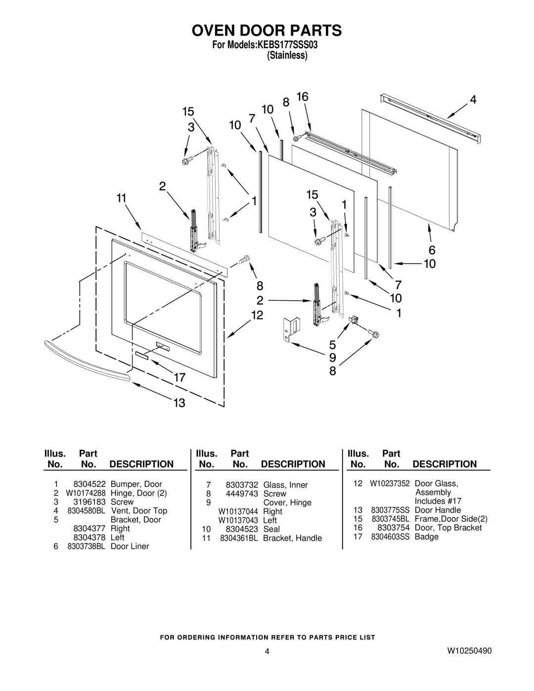 KitchenAid W10250490, KEBS177SSS03 manual Oven Door Parts 