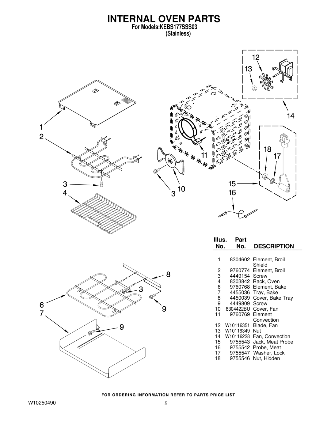 KitchenAid KEBS177SSS03, W10250490 manual Internal Oven Parts, Description 