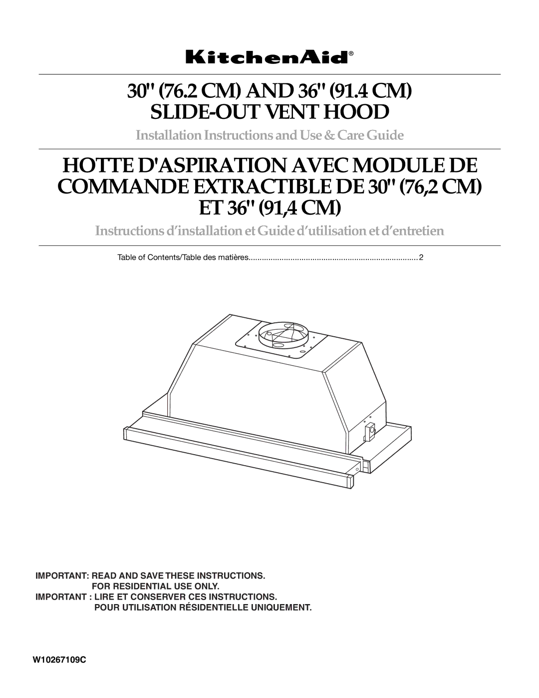 KitchenAid W10267109C installation instructions SLIDE-OUT Vent Hood 